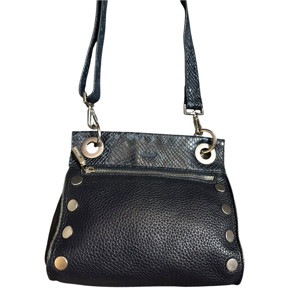 HAMMITT TONY SMALL CROSSBODY BAG PEBBLED LEATHER & SNAKE PRINT NAVY BLUE SILVER